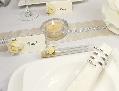 Mustertisch 1c Detailfoto zum Geburtstag - Tischdeko Geburtstag mit Gastgeschenken, Tischkarten Tischbändern bei Tischdeko-online