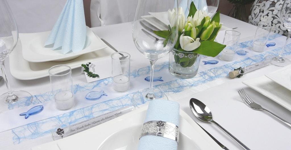 Mustertisch zur Kommunion Konfirmation Nr. 10 mit Sizoweb und blauen Acrylfischen