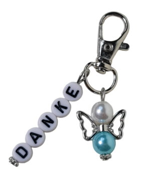Gastgeschenk, Anhänger - mit einem kleinen Schutzengel in der Farbe Blau und dem Wort "Danke" - 2
