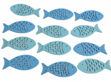 12 blaue Holzfische