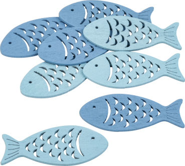 12 blaue Holzfische