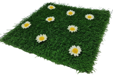 Grasfliese mit kleinen Blumen. Tischdeko zu Ostern, Frühling