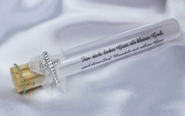 Gastgeschenk - Glasröhrchen mit einer Organzaschleife und einem Kreuz 2