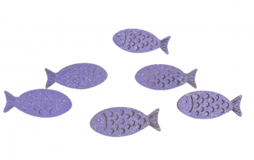 6 Glitzerfische aus Holz in der Farbe Flieder als Streudeko