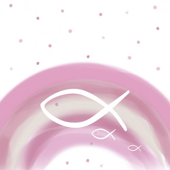 Servietten mit einem rosafarbenen Regenbogen und einem Fischsymbol