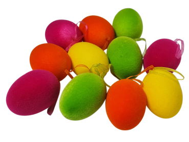 3 Ostereier in 4 Farben, beflockt zum Aufhängen 7 cm