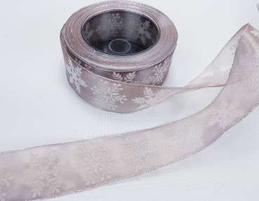 Tischband, Organzaband mit Schneeflocken in Braun/Beige - B3