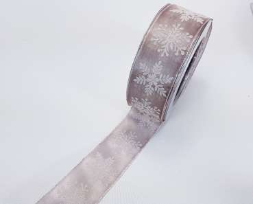 Tischband, Organzaband mit Schneeflocken in Braun/Beige - B2