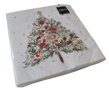 Preview: Detailaufnahme der 3-lagigen Tissue-Servietten mit farbenfrohem Weihnachtsbaum-Motiv