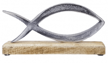 Aufsteller Fisch aus Metall auf einem Holzsockel aus Mangoholz - 1