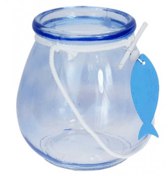 blaues Windlichtglas mit einem Fisch, zur Kommunion, Konfirmation, Taufe - 1
