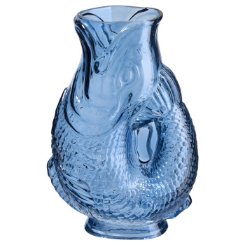 Detailansicht der Glasstruktur und des glänzenden blauen Glases der Fischvase