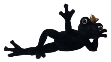 Detailansicht der langbeflockten Oberfläche des Dekofroschs in Schwarz