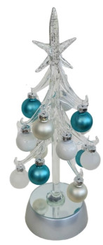 Tannenbaum aus Glas mit Kugeln in Grün und Weiß, leuchtend - 1