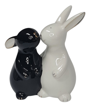 Dekofigur „Kuschelnde Hasen“ – Schwarz & Weiß – Keramik – 14 x 11 cm - 1