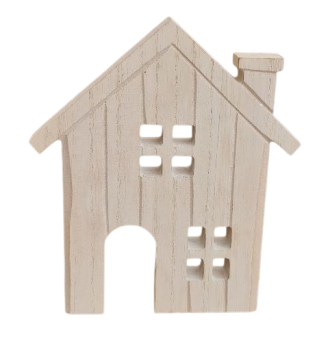 Weißes Dekohaus aus Holz 17x2x25 cm mit strukturierter Vorderseite und glatter Rückseite.