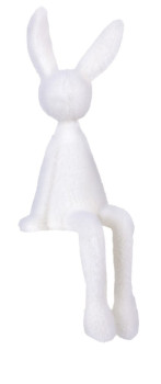 Weiß beflockter Sitzhase als Kantenhocker aus Kunststoff, 29 cm groß
