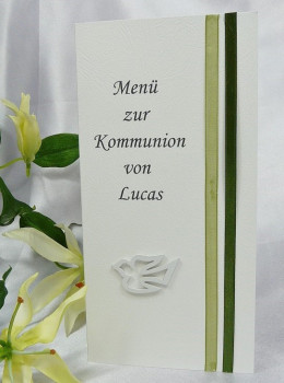 Menükarte mit einer Taube. Kommunion, Konfirmation, Taufe 1