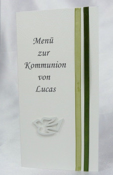 Menükarte mit einer Taube. Kommunion, Konfirmation, Taufe 2