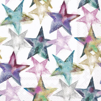 Papierservietten Bunter Sternenzauber 33x33 cm mit bunten Sternen auf weißem Hintergrund – gefaltete Ansicht