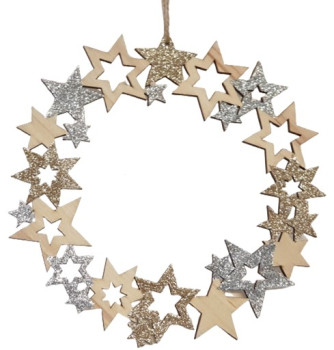 Ein Kranz aus Holz mit Glitzersternen - 1