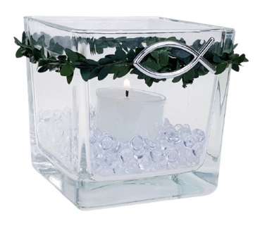 Glaswindlicht eckig mit Buchs und einem Fisch - 3