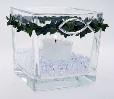 Glaswindlicht eckig mit Buchs und einem Fisch - 5