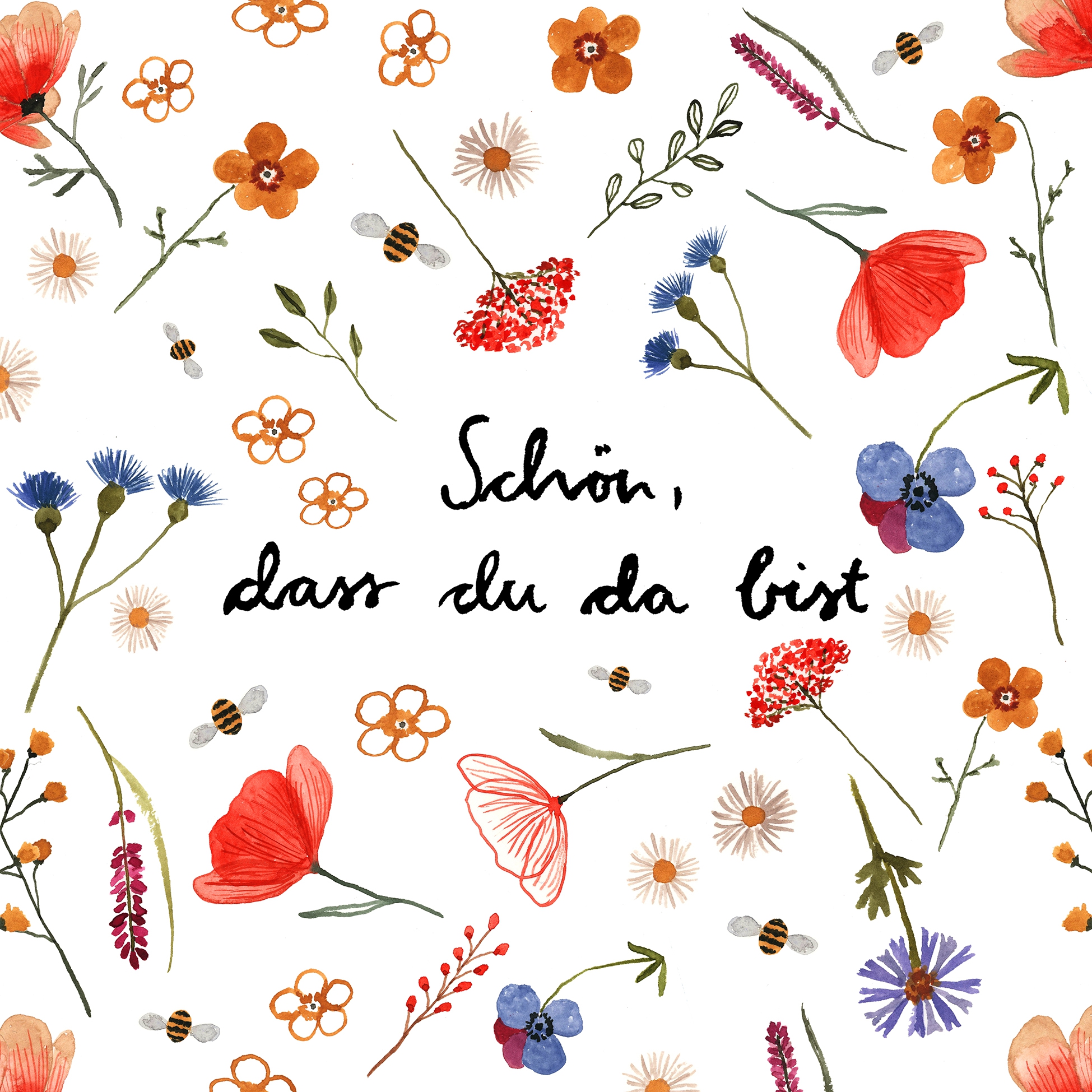 Servietten "Wiesenblumen" bedruckt mit bunten Blumen und dem Spruch "Schön, du da bist"