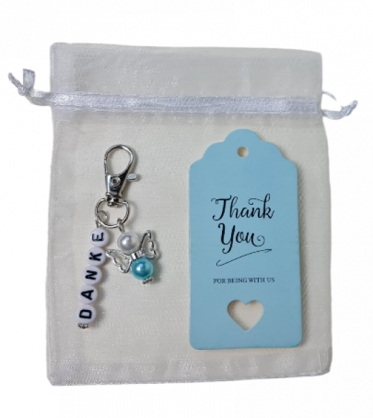 Gastgeschenk, Anhänger - mit einem kleinen Schutzengel in der Farbe Blau und dem Wort "Danke" - 3 Gastgeschenk, Anhänger - mit einem kleinen Schutzengel in der Farbe Blau und dem Wort "Danke" - 3
