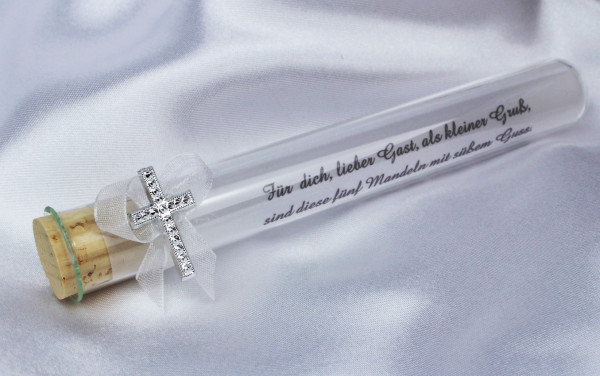 Gastgeschenk - Glasröhrchen mit einer Organzaschleife und einem Kreuz 2