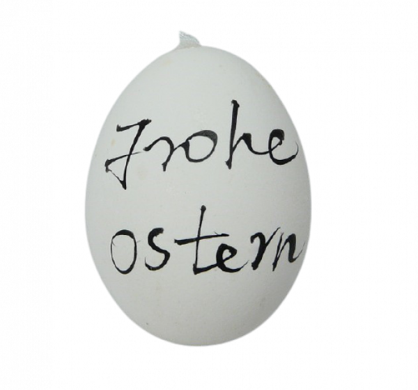 Ein Osterei in der Farbe weiß mit der Aufschrift: Frohe Ostern 1