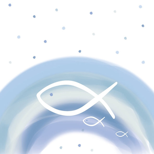 Servietten mit einem blauen Regenbogen und einem Fischsymbol