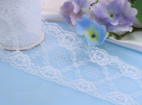 weiße Spitze mit Blümchen 75 mm breit - Tischband, Spitzenband - 1