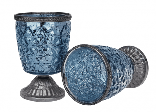 geriffeltes, blaues Glas-Windlicht - Antik - 2 geriffeltes, blaues Glas-Windlicht - Antik - 2