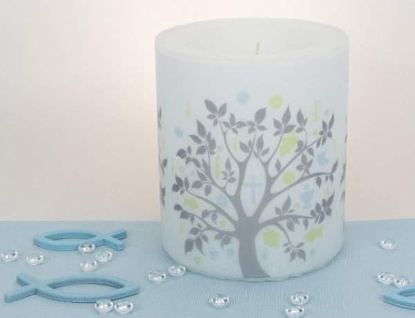Kerze "Baum mit christlichen Symbolen" blau - 1