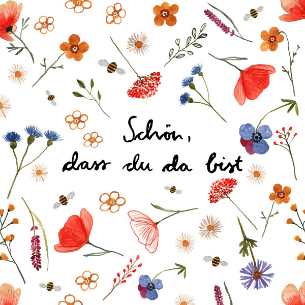 Servietten "Wiesenblumen" bedruckt mit bunten Blumen und dem Spruch "Schön, dass du da bist" - 1 Servietten "Wiesenblumen" bedruckt mit bunten Blumen und dem Spruch "Schön, dass du da bist" - 1