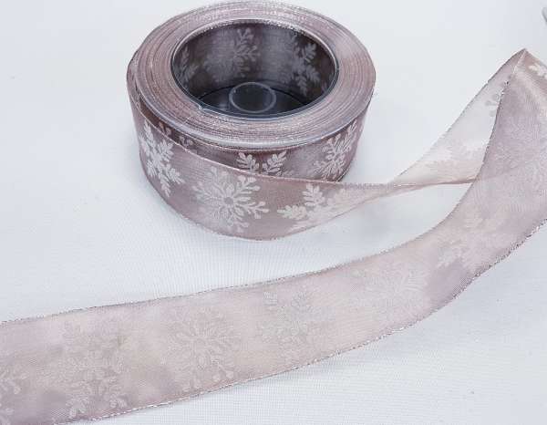 Tischband, Organzaband mit Schneeflocken in Braun/Beige - B3 Tischband, Organzaband mit Schneeflocken in Braun/Beige - B3