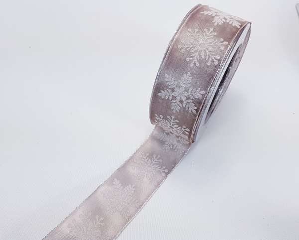 Tischband, Organzaband mit Schneeflocken in Braun/Beige - B2 Tischband, Organzaband mit Schneeflocken in Braun/Beige - B2