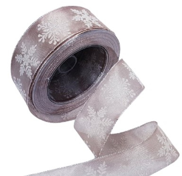 Tischband, Organzaband mit Schneeflocken in Braun/Beige - B1 Tischband, Organzaband mit Schneeflocken in Braun/Beige - B1