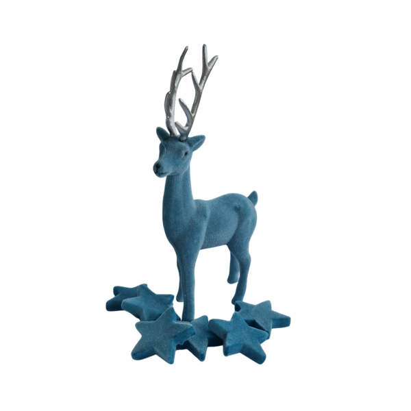 Hirsch, beflockt eisblau - 29 cm mit silbernem Geweih Hirsch, beflockt eisblau - 29 cm mit silbernem Geweih