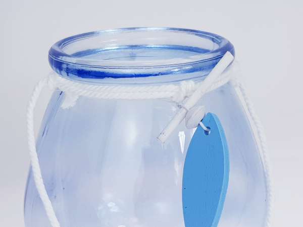 blaues Windlichtglas mit einem Fisch, zur Kommunion, Konfirmation, Taufe - 3