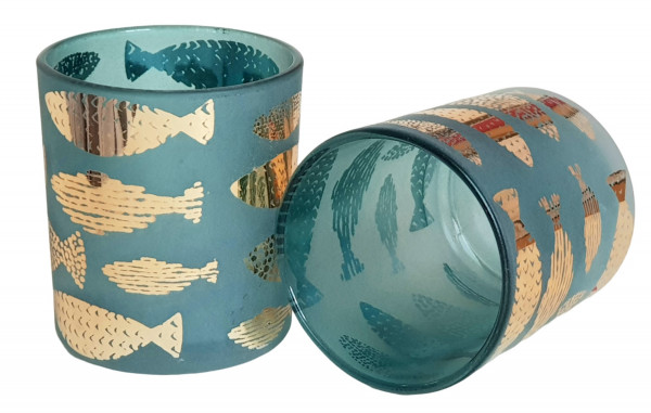 Türkises Windlicht mit goldenen Fischen - 1 Türkises Windlicht mit goldenen Fischen - 1