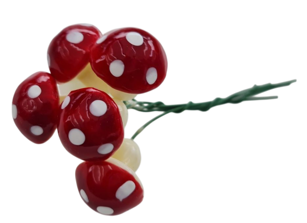 Sechs kleine Fliegenpilze zum Stecken mit grünem Draht für Herbst- und Weihnachtsdeko Sechs kleine Fliegenpilze zum Stecken mit grünem Draht für Herbst- und Weihnachtsdeko