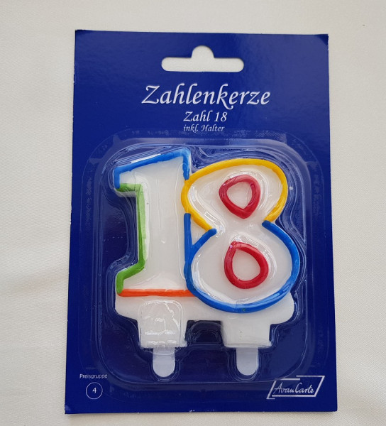 Eine bunte Zahlenkerze (Tortenkerze) mit der Zahl 18 mit einem Stecker - 1