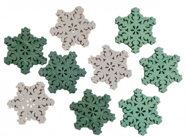 35 Schneeflocken aus Holz zum Streuen grün (salbeigrün) /weiß - 1 35 Schneeflocken aus Holz zum Streuen grün (salbeigrün) /weiß - 1