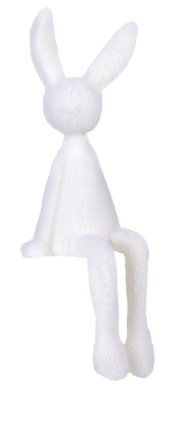 Weiß beflockter Sitzhase als Kantenhocker aus Kunststoff, 29 cm groß