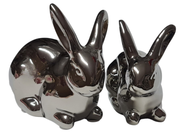 2 Hasen in Silber, glänzend 15 und 13 cm