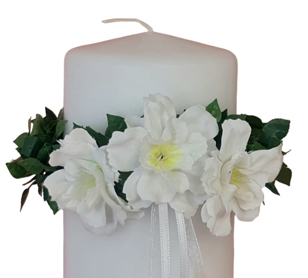 Tropfschutz, Tropffänger aus Rosenblättern mit weißen Kirschblüten und Bändern - 1 Tropfschutz, Tropffänger aus Rosenblättern mit weißen Kirschblüten und Bändern - 1