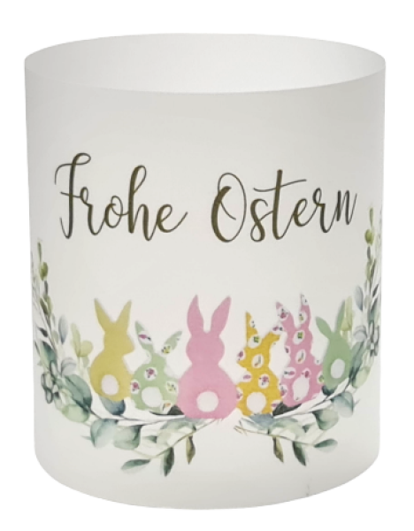 Lichthülle, Tischlicht mit einem Kranz aus grünen Blättern und bunten Hasen - 1 Lichthülle, Tischlicht mit einem Kranz aus grünen Blättern und bunten Hasen - 1