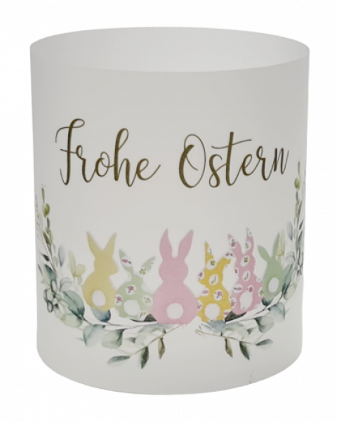 Lichthülle, Tischlicht mit einem Kranz aus grünen Blättern und bunten Hasen - 3 Lichthülle, Tischlicht mit einem Kranz aus grünen Blättern und bunten Hasen - 3